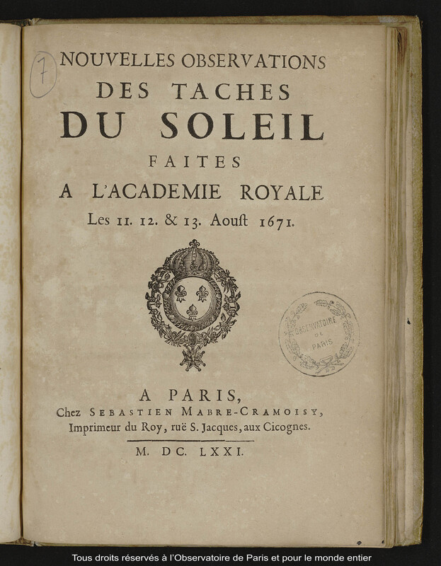 Nouvelles observations des taches du soleil faites à l'Académie Royale les 11,12, et 13 aoust 1671