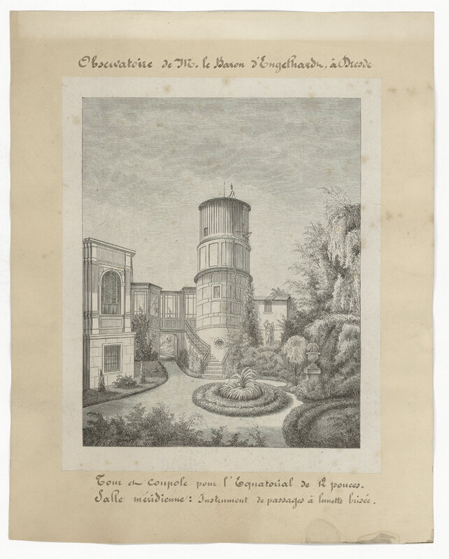 Observatoire de M. le Baron d’Engelhardt à Dresde. Tour et coupole pour l’équatorial de 12 pouces. Salle méridienne : instrument de passages à lunette brisée (titre original)