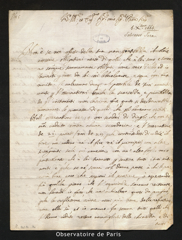 Lettre de Salvator Serra à [Cassini I], Rome le 5 décembre 1665