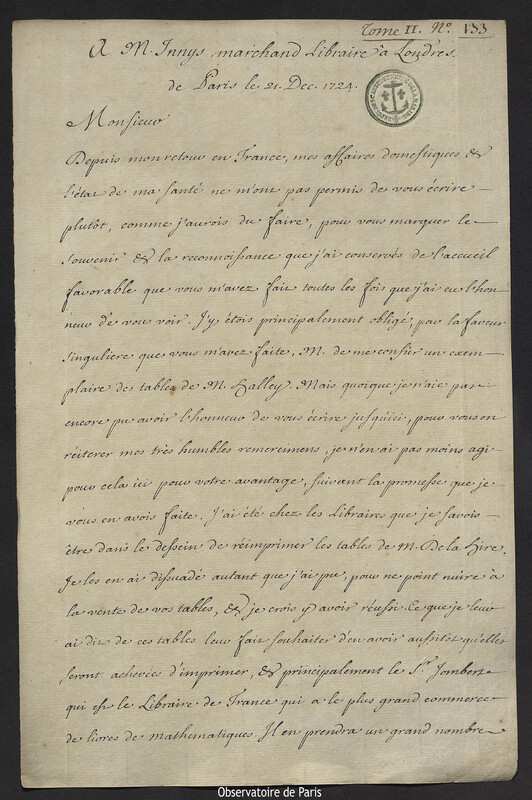 Lettre de Joseph-Nicolas Delisle à William Innys, libraire, Paris, 21 décembre 1724