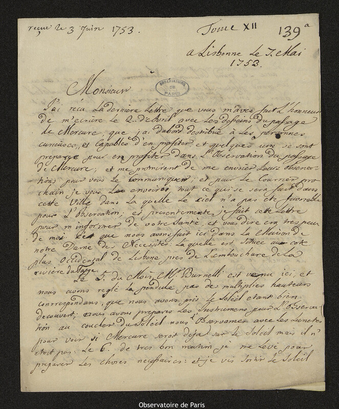 Lettre de Jean Chevalier à Joseph-Nicolas Delisle, Lisbonne, 7 mai 1753