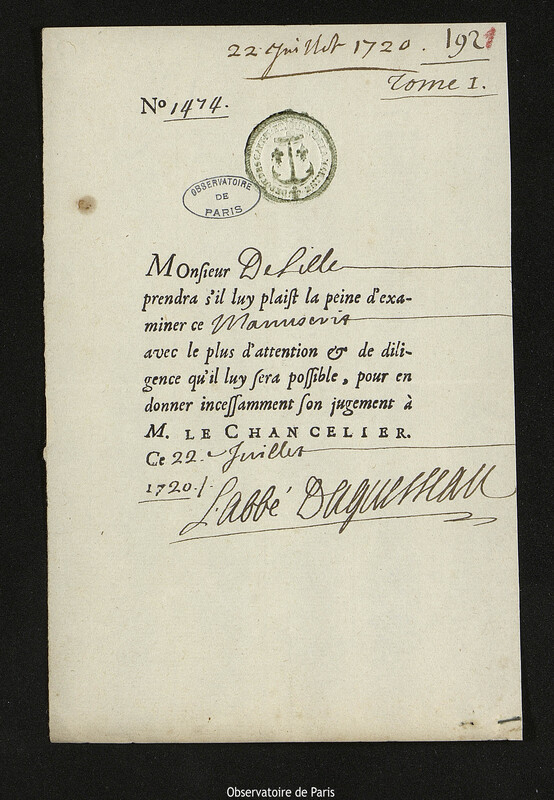 Lettre de l'abbé Daguesseau à Joseph-Nicolas Delisle, 1720