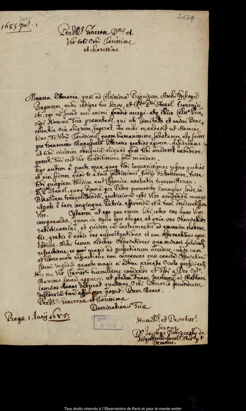 Lettre de Jacobus Johannes Wenceslaus Dobrzensky à Jan Heweliusz, Prague, 1er juin 1685