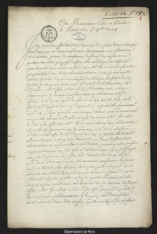 Lettre de Joseph-Nicolas Delisle à Leonhard Euler, Paris, 5 octobre 1748