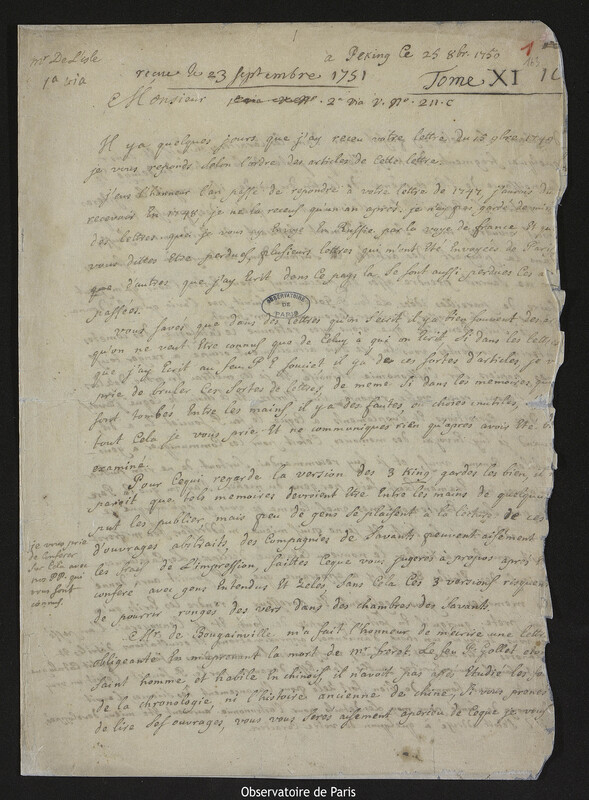 Lettre de Antoine Gaubil à Joseph-Nicolas Delisle, Pékin, 25 octobre 1750