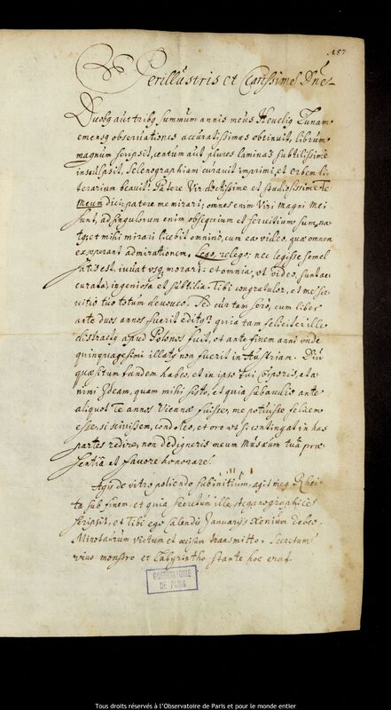 Lettre de Juan de Caramuel y Lobkowitz à Jan Heweliusz, Prague, 1er janvier 1650