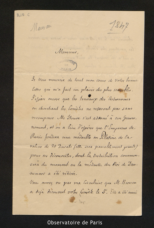 Lettre de Schumacher à [Mauvais], en 1847