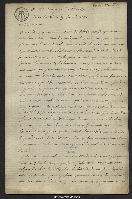 Lettre de Joseph-Nicolas Delisle à Johann Wilhelm Wagner, Saint-Pétersbourg, 25 janvier 1741