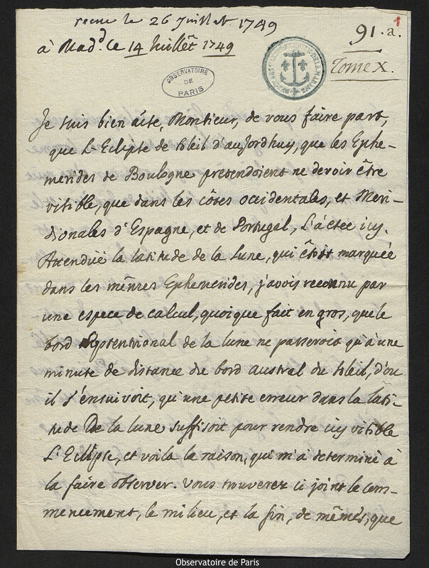 Lettre de Francesco Gonzaga, duc de Solférino à Joseph-Nicolas Delisle, Madrid, 14 juillet 1749