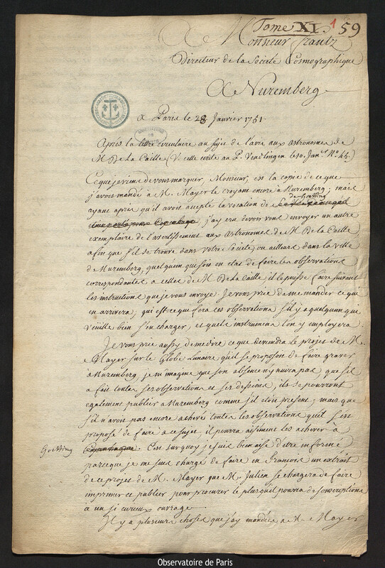 Lettre de Joseph-Nicolas Delisle à Johann Michael Franz, Paris, 28 janvier 1751