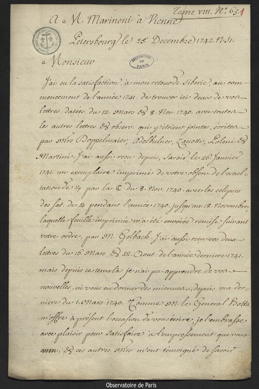 Lettre de Joseph-Nicolas Delisle à Giovanni Giacomo Marinoni, Vienne, 25 décembre 1742