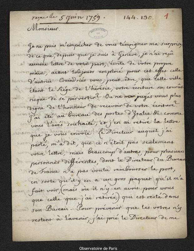 Lettre de Pierre-Louis Le Roy à Joseph-Nicolas Delisle, Genève, 31 mai 1759