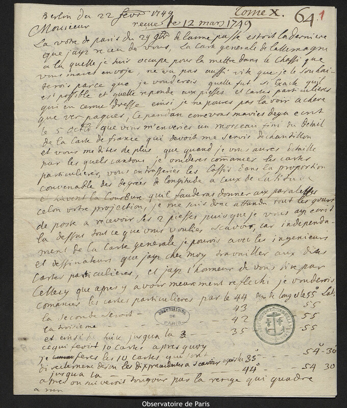 Lettre de comte Samuel de Schmettau à Joseph-Nicolas Delisle, Berlin, 22 février 1749