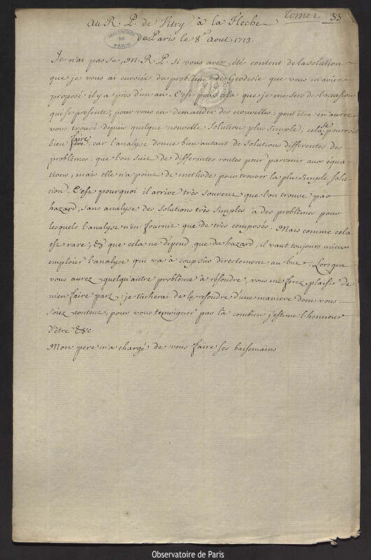 Lettre de Joseph-Nicolas Delisle à Édouard de Vitry, Paris, 8 août 1713