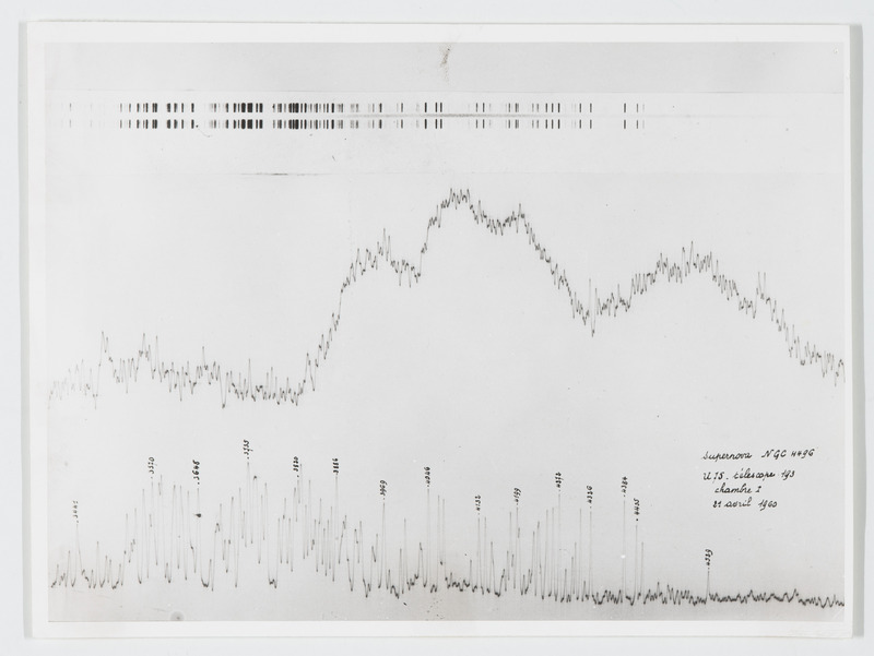 Spectre de la supernova Humason dans NGC 4496. Spectrographe à réseau au foyer coudé du télescope de 193cm de l'Observatoire de Haute Provence. [chambre I, 39?/mm] 24 avril 1960, pose 2h37m,, film Eastman 10320. Spectre de comparaison : fer. [M.Spite] (titre original)