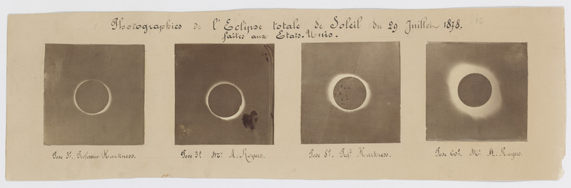 Photographies de l’éclipse totale du Soleil du 29 juillet 1878, faites aux Etats-Unis : pose 3 s., professeur Harkness ; pose 3 s., Mr A. Rogers ; pose 8 s., professeur Harkness ; pose 60 s., Mr A. Rogers (titre original)