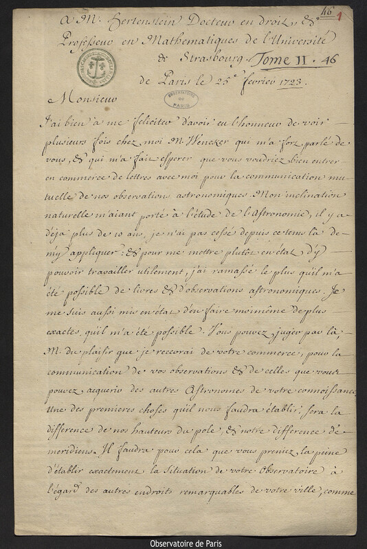 Lettre de Joseph-Nicolas Delisle à Johannes Henricus Herttenstein, Paris, 25 février 1723