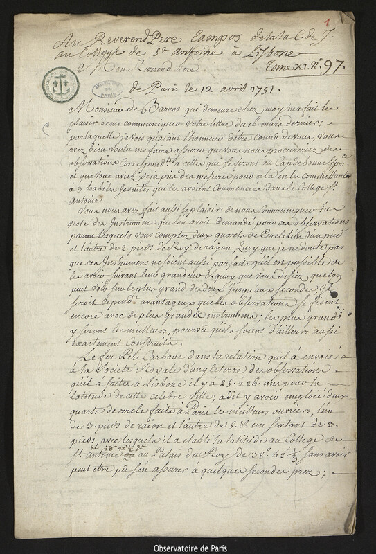 Lettre de Joseph-Nicolas Delisle à Emmanuel de Campos, Paris, 12 avril 1751