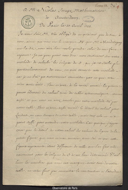 Lettre de Joseph-Nicolas Delisle à Nicolaas Struyck, Paris, 20 avril 1722