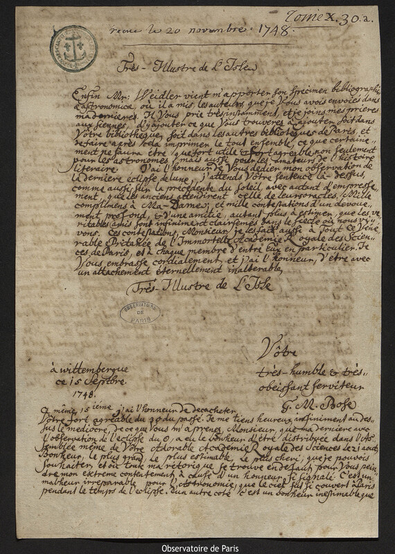 Lettre de Georg Matthias Bose à Joseph-Nicolas Delisle, Wittenberg, 15 septembre 1748