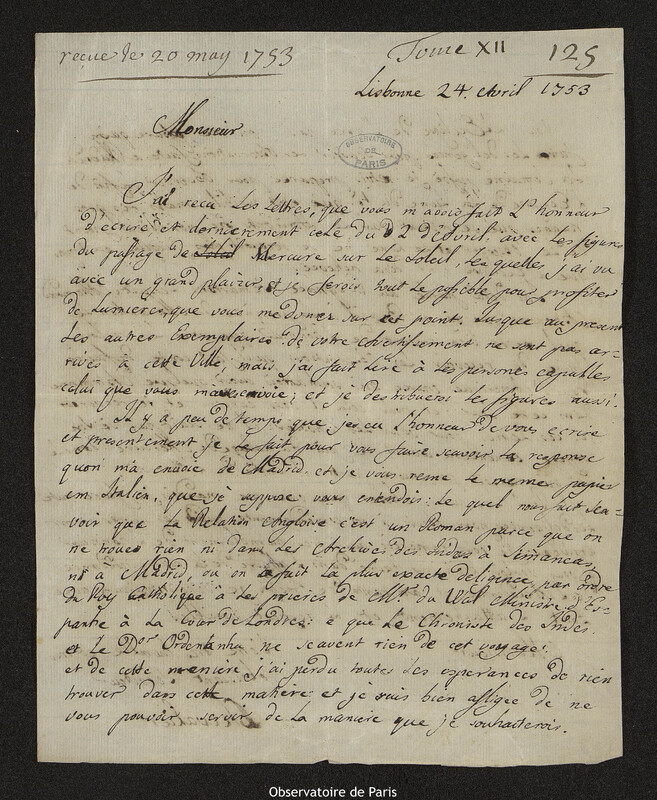 Lettre de Jean Chevalier à Joseph-Nicolas Delisle, Lisbonne, 24 avril 1753