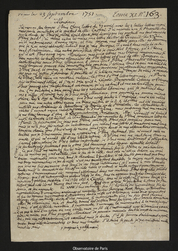 Lettre de Georg Matthias Bose à Joseph-Nicolas Delisle, Wittenberg, 12 septembre 1751