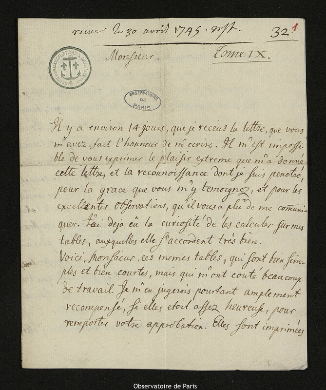 Lettre de Pehr Wilhelm Wargentin à Joseph-Nicolas Delisle, Diurbÿ, 27 mars 1745