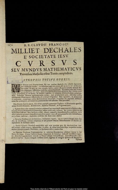 Texte imprimé de Claude-François Milliet de Chales, Lyon, 1674