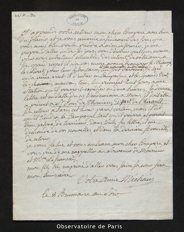 Lettre de Méchain (Mme) à Lalande, le 8 brumaire [An VII]