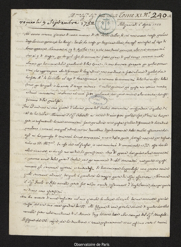 Lettre de Eustachio Zanotti à Joseph-Nicolas Delisle, Bologne, 6 août 1752