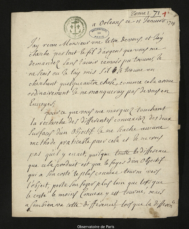 Lettre de Louis Feuillée à Joseph-Nicolas Delisle, Marseille, 15 janvier 1718