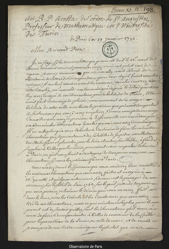 Lettre de Joseph-Nicolas Delisle à Giulio Accetta, Paris, 19 janvier 1752