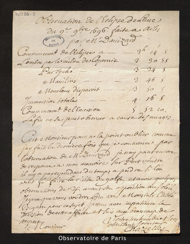 Observation de l'Eclipse de Lune du 9 novembre 1699 faite à Arles par Mr Davizard, envoyée par de Chazelles à Cassini I