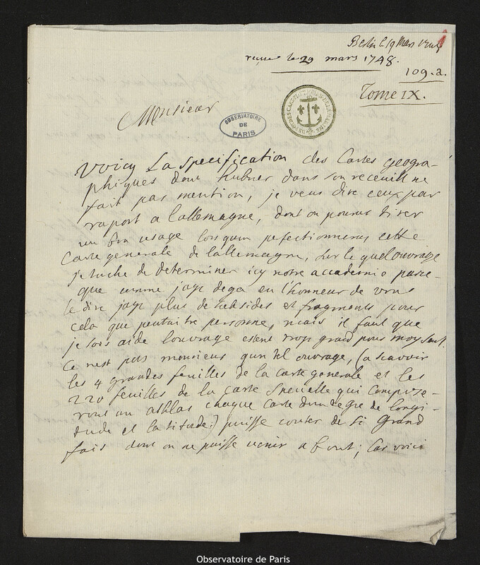 Lettre de comte Samuel de Schmettau à Joseph-Nicolas Delisle, Berlin, 19 mars 1748