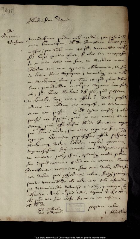 Lettre de Jan Heweliusz à Pierre Des Noyers, Gdansk, 4 décembre 1671