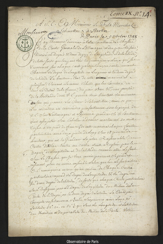 Lettre de Joseph-Nicolas Delisle à comte Samuel de Schmettau, Paris, 5 octobre 1748