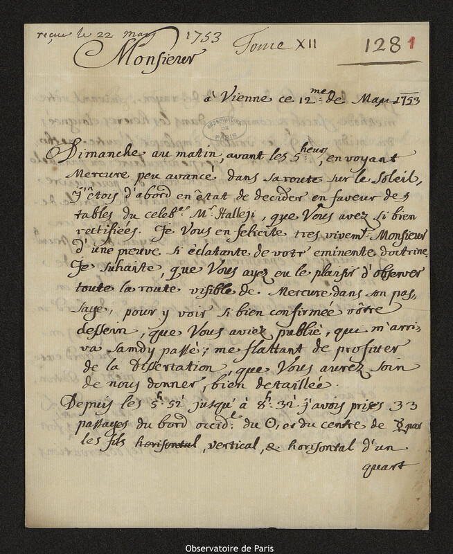 Lettre de Giovanni Giacomo Marinoni à Joseph-Nicolas Delisle, Vienne, 12 mai 1753