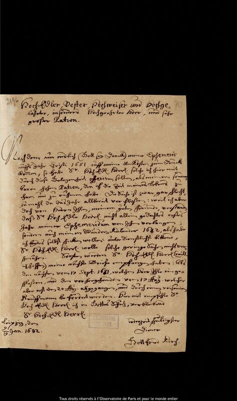 Lettre de Gottfried Kirch à Jan Heweliusz, Leipzig, 9 janvier 1682