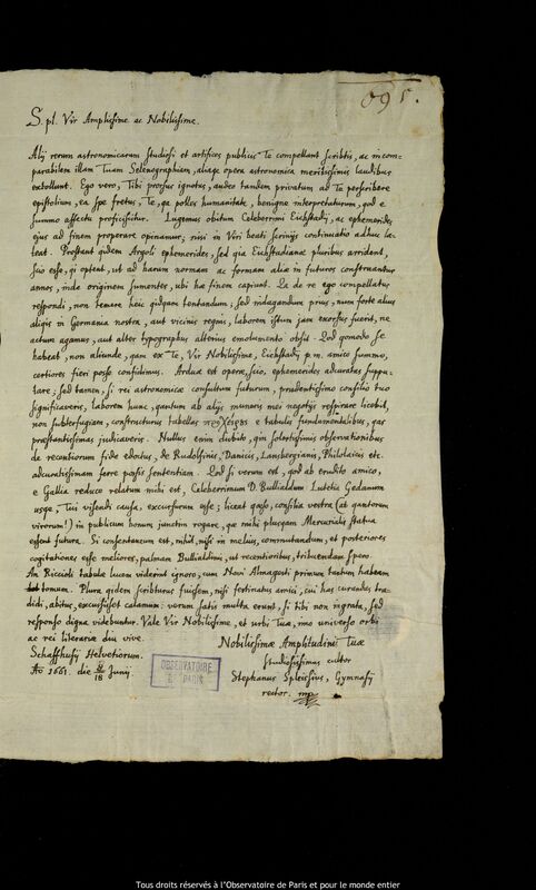 Lettre de Stephan Spleiss à Jan Heweliusz, Schaffhausen, 8 juin 1661