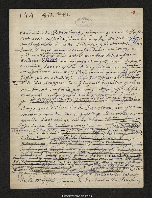 Lettre de Joseph-Nicolas Delisle à Mikhaïl Illarionovitch Vorontsov, Paris