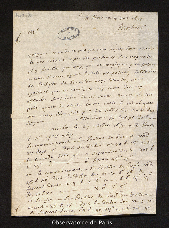 Lettre de Père G. Brochier à Cassini I, Aix le 4 nov. 1697