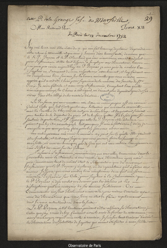 Lettre de Joseph-Nicolas Delisle à Louis Lagrange, Paris, 12 décembre 1752