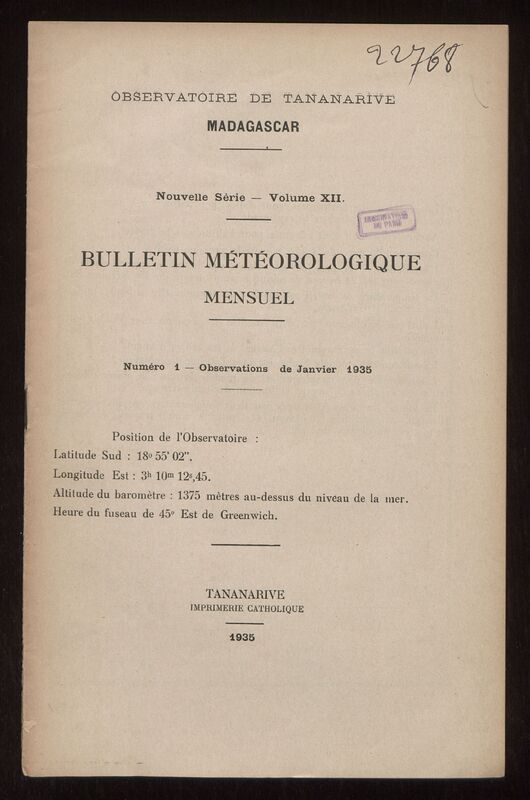 (1935) Bulletin météorologique mensuel de l'Observatoire de Tananarive