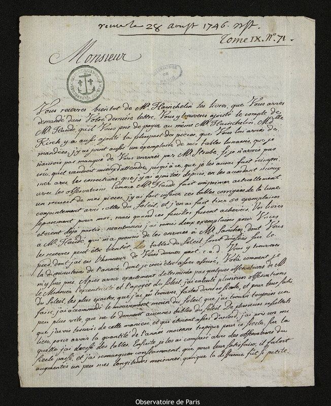 Lettre de Leonhard Euler à Joseph-Nicolas Delisle, Berlin, 16 août 1746