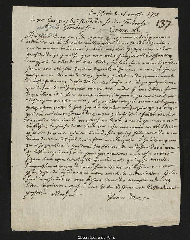 Lettre de Joseph-Nicolas Delisle à François-Philippe-Antoine Garipuy, Paris, 16 août 1751