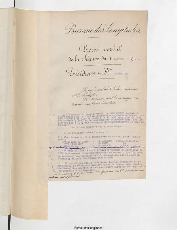 Registre des procès-verbaux avec annexes du Bureau des longitudes (1919-1923)