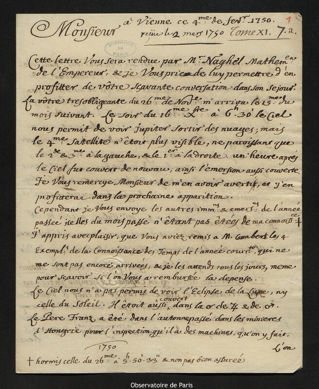 Lettre de Giovanni Giacomo Marinoni à Joseph-Nicolas Delisle, Vienne, 4 février 1750