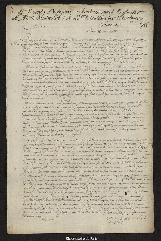 Lettre de Joseph-Nicolas Delisle à Johann Samuel König, Paris, 28 mars 1753