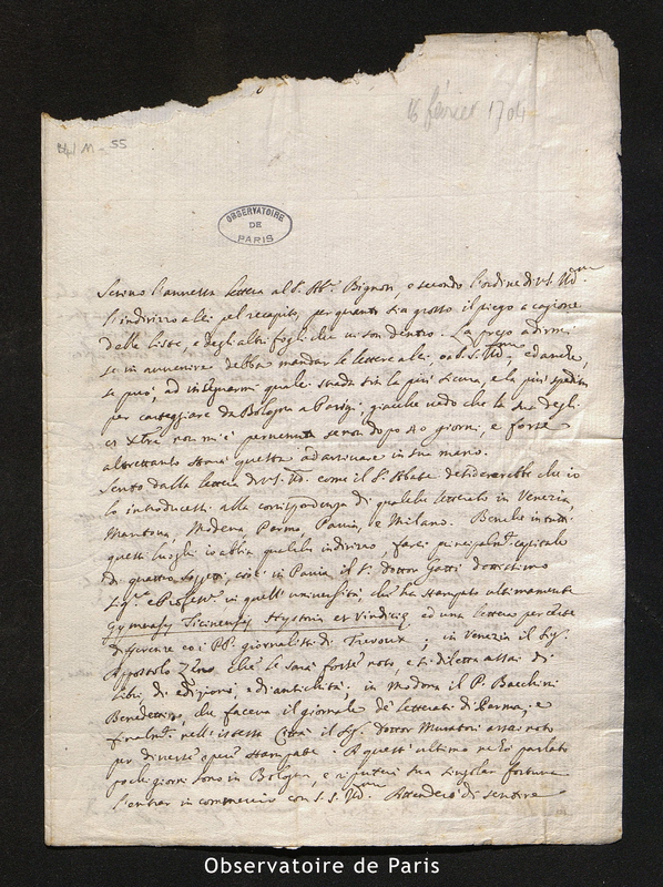 Lettre de Manfredi, Bologne le 16 février 1702