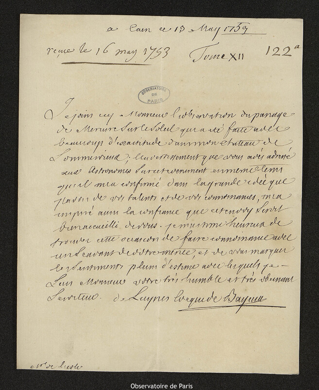 Lettre de Paul d'Albert de Luynes à Joseph-Nicolas Delisle, Caen, 13 mai 1753